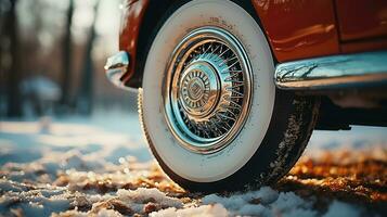 vintage carro roda em neve dentro inverno floresta. fechar-se. foto