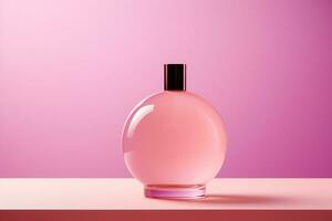 vidro Rosa garrafa do eau de toalete, perfume em uma Rosa fundo. perfume. gerado de artificial inteligência foto