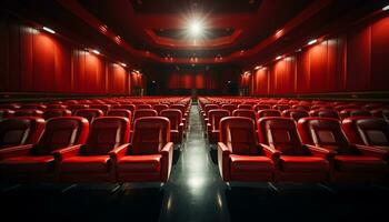 esvaziar auditório com linhas do confortável assentos e iluminado etapa gerado de ai foto