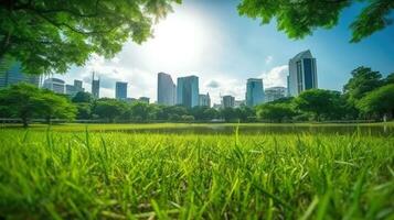 Bangkok lindo Visão a partir de Lumpini parque. verde Relva campo dentro parque às cidade Centro com escritório construção urbano fundo tailândia. generativo ai foto