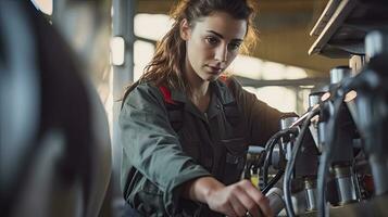 uma jovem agricultor mulher vaca ordenha com instalação e moderno mecanizado ordenha equipamento. generativo ai foto