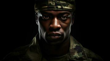 africano homem vestindo camuflar uniforme. retrato do Preto soldado. generativo ai foto