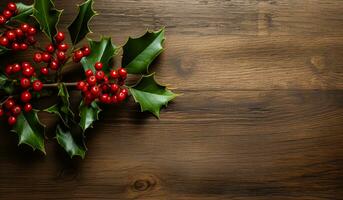 Natal fundo com azevinho bagas em rústico de madeira mesa. ai generativo foto