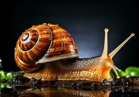 realista fechar-se retrato do uma Caracol em Sombrio fundo. ai gerado foto