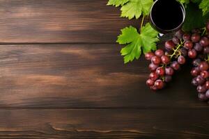 ai gerado bandeira. frutas, uvas, vinho óculos e vinho garrafas em uma clássico vintage de madeira fundo. foto