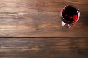 ai gerado bandeira. frutas, uvas, vinho óculos e vinho garrafas em uma clássico vintage de madeira fundo. foto