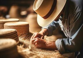 artesão fazer Palha chapéus. feito à mão. tradicional trabalhos manuais. ai gerado foto