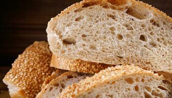 ciabatta pão. fatiado peças do pão em uma de madeira fundo. foto