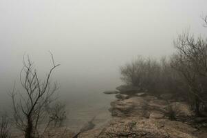 idílico panorama do uma lagoa dentro uma nebuloso meio Ambiente foto
