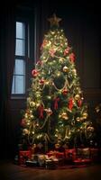 ai generativo belas decorado Natal lar, com bokeh luzes e janela foto