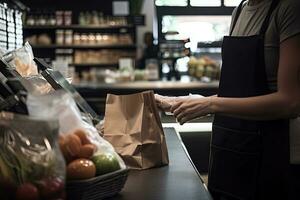 pessoa vestindo avental e luvas dentro uma loja embalagem uma Comida dentro uma papel bolsa, compras dentro supermercado. generativo ai. foto