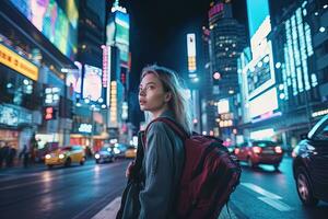 viajando menina com vermelho saco em uma ocupado rua. ocupado vida noturna dentro a cidade. generativo ai. foto