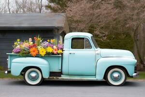 vintage azul pegar caminhão com flores dentro outono temporada. generativo ai. foto