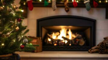 ai generativo belas decorado Natal casa com lareira foto