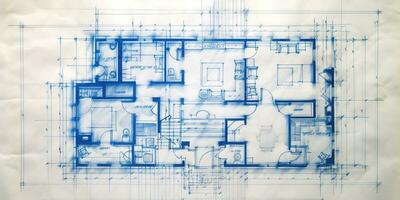 generativo ai, azul impressão chão plano, arquitetônico fundo, técnico desenhar foto