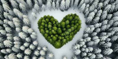 generativo ai, enevoado inverno abeto floresta com coração forma, lindo panorama dentro hipster vintage retro estilo, sempre-verde árvores com mostrar foto