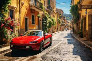 pequeno vermelho carro em a rua portofino. mini mobilidade. ai gerado foto