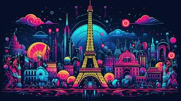 cartão postal com noite Paris, a eiffel torre, geométrico néon estilo. ai gerado foto