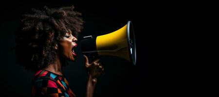 generativo ai, estúdio tiro do africano mulher usando uma megafone contra uma Preto fundo, uma poderoso declaração foto