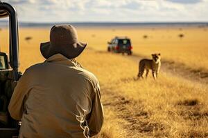 africano safári cena com guepardo e safári jipe, traseiro Visão do fotógrafo levando cenário do guepardo dentro masai Mara, Quênia, ai gerado foto