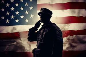 silhueta do uma soldado dentro militares uniforme contra a fundo do a americano bandeira, silhueta do uma homem saudando em a fundo do a americano bandeira, ai gerado foto