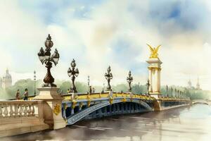 Alexandre ponte com rio Visão aquarela. gerar ai foto