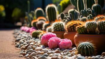 cactos dentro panelas em a terra dentro a jardim ai gerado foto