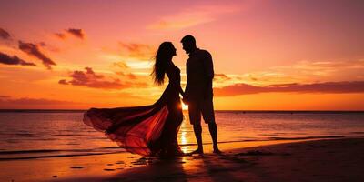 silhueta do uma amoroso casal em a de praia às pôr do sol ai gerado foto