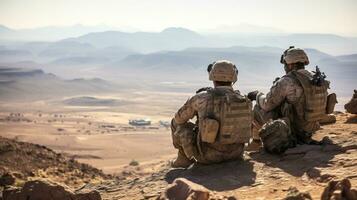 soldados sentado em topo do uma penhasco dentro a deserto ai gerado foto