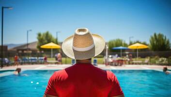 traseiro Visão do homem vestindo Palha chapéu em pé de natação piscina às ensolarado dia ai gerado foto
