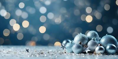 azul Natal enfeites em bokeh fundo com cópia de espaço. ai gerado. foto