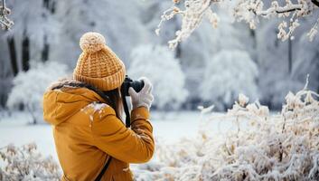 fêmea fotógrafo levando cenário do lindo inverno floresta panorama com neve coberto árvores ai gerado. foto