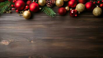 Natal fundo com enfeites e abeto árvore galhos em de madeira borda ai gerado foto