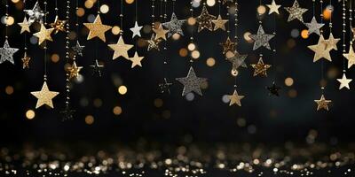 Natal fundo com dourado e prata estrelas, bokeh luzes. ai gerado. foto