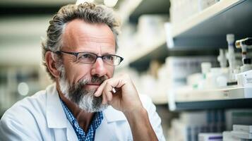 retrato do uma Senior masculino farmacêutico dentro dele farmácia ai gerado foto