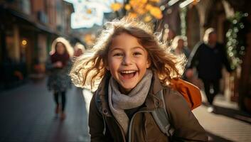 uma fofa pequeno menina com encaracolado cabelo dentro a outono cidade. ai gerado. foto