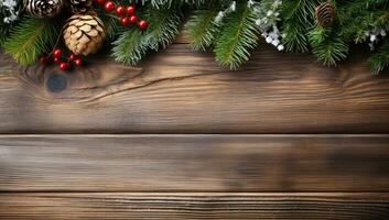 Natal abeto árvore galhos em de madeira fundo. topo Visão com cópia de espaço ai gerado foto