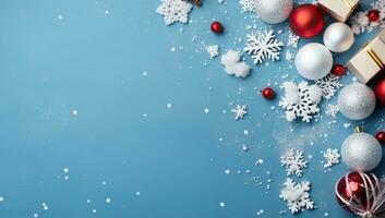 Natal fundo com flocos de neve, bolas e presente caixa em azul fundo ai gerado foto