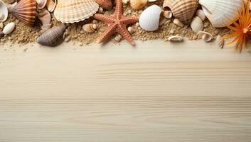 conchas do mar e estrelas do mar em uma de madeira fundo com areia. ai gerado. foto