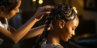 jovem africano americano cabeleireiro trabalhando com cliente dentro beleza salão ai gerado foto