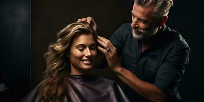 cabeleireiro corte cabelo do lindo mulher dentro salão. ai gerado. foto