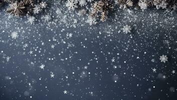 Natal fundo com flocos de neve e abeto galhos em Sombrio azul fundo ai gerado foto