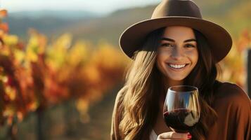 lindo jovem mulher com vidro do vinho dentro Vinhedo em ensolarado dia. ai gerado. foto