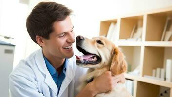 veterinário com cachorro dentro veterinario clínica. saúde Cuidado e veterinario conceito. ai gerado. foto