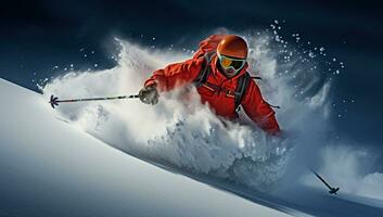 esquiador dentro vermelho capacete e óculos esquiar ladeira abaixo. ai gerado. foto