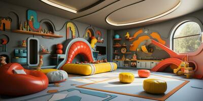 uma lindo interior Projeto do uma colorida Jardim da infância, educacional sala de jogos, criança Aprendendo espaço, berçário, ai generativo foto