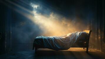 luz solar brilhando através em para uma cama, religioso cenário, ai generativo foto