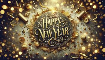 uma vibrante pano de fundo adornado com espumante luzes, confete, estrelas, e uma dourado feliz Novo ano tipografia. ai gerado foto