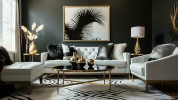 luxuoso mobiliado vivo sala, espaçoso acolhedor sofá, Preto e branco monocromático paleta, elegante interior projeto, ai generativo foto