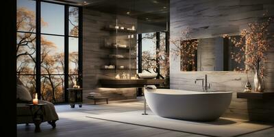 interior Projeto do elegante espaçoso banheiro, luxo banheira, romântico atmosfera, ai generativo foto